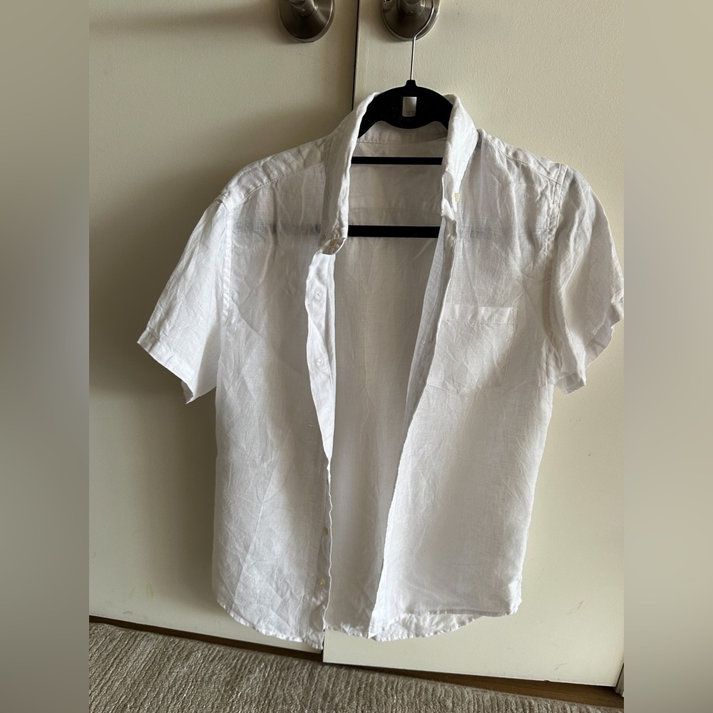 J. Crew Short Sleeve Button Down Men’s Shirt in White Linen Size S